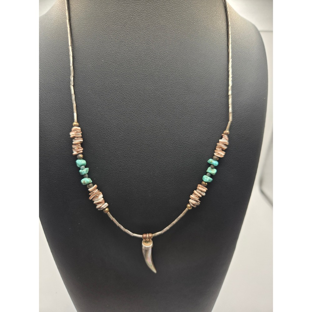 Vintage Southwestern Liquid Silver Turquoise Heishi Shell Abalone Horn Necklace